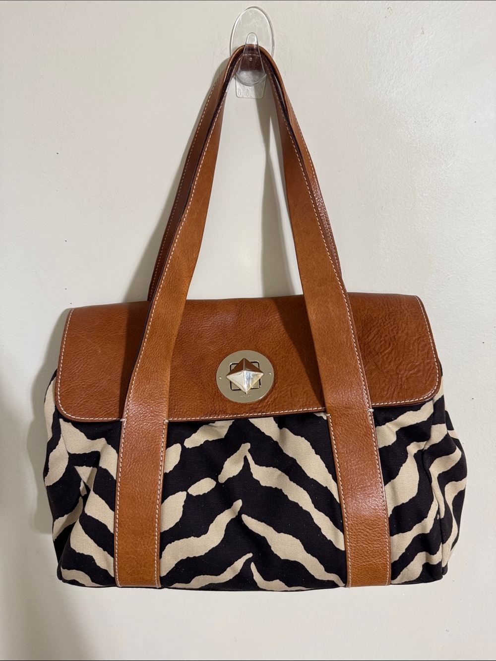 VTG Kate Spade Brown Leather-Trim Zebra Print Shoulder Satchel Bag Contemporary